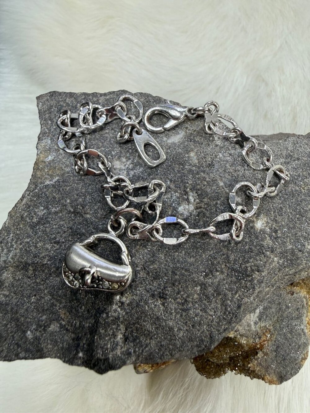 Silver Tone Purse Charm Bracelet  7.25"